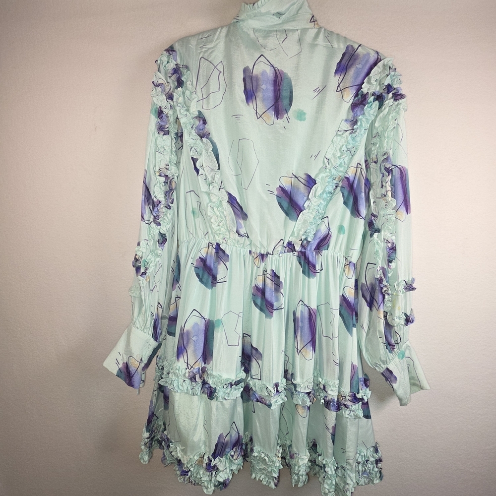 Elliatt "FOND" Ruffle Tiered Mini Dress Mint Watercolor Print Long Sleeve Size L - Picture 4 of 12